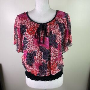 J.T.B women’s Y2K smocked waist flutter sleeve pullover floral blouse Sz M multi
